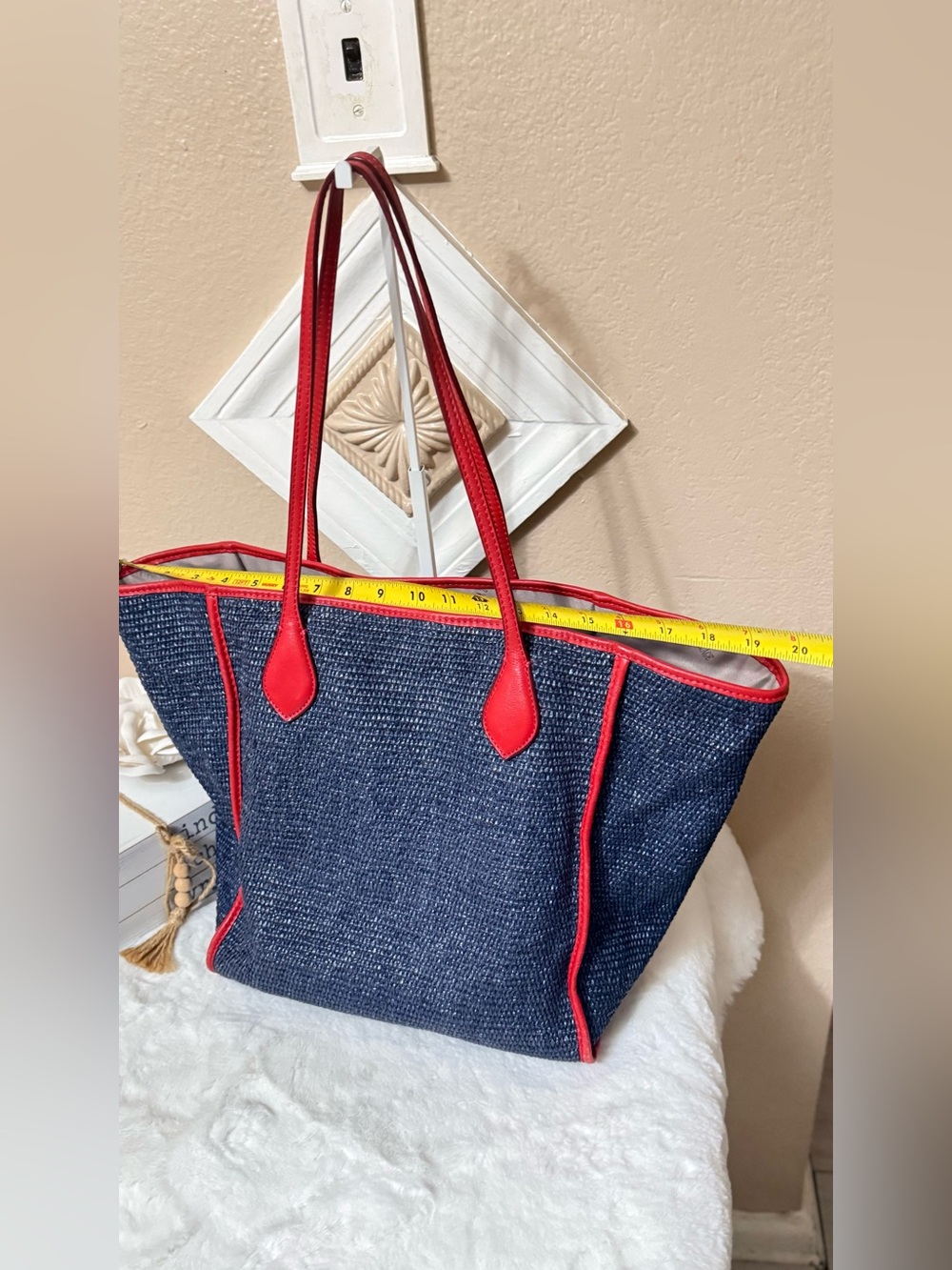 MZ Wallace Navy Straw Tote with Red Trim - Picture 3 of 10